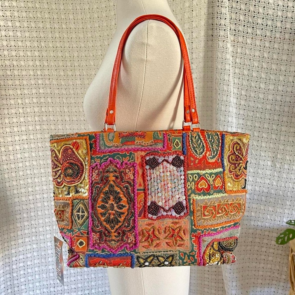 NWT Christiana Colorful Beaded Sequin Embroidered Patchwork Purse Tote Bag